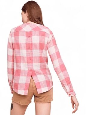 CLOTH & STONE / ANTHROPOLOGIE Pink Plaid Button Back Linen Blend Top - Large